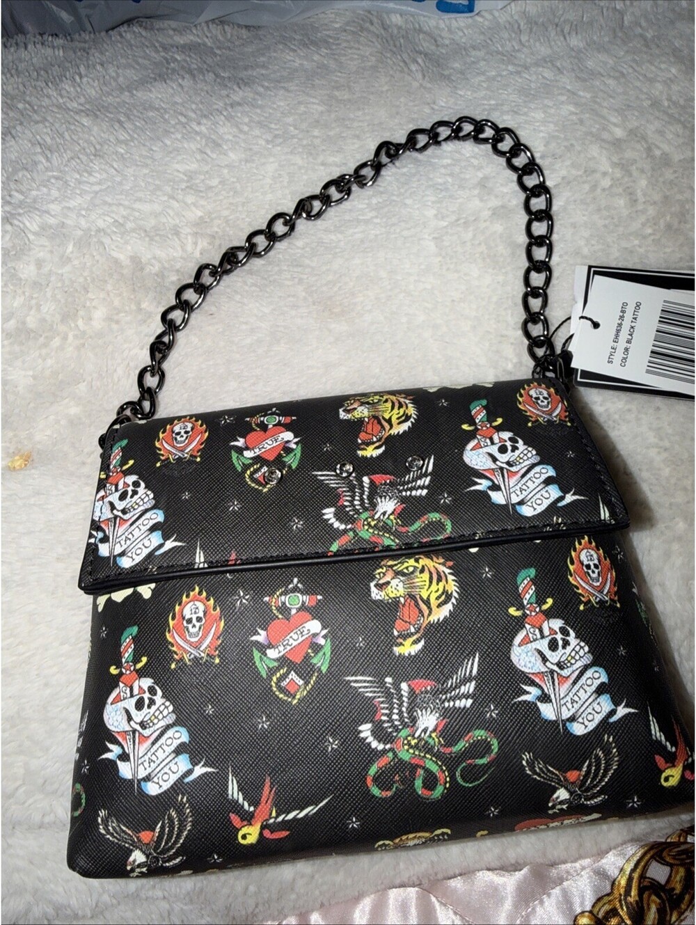 Ed Hardy Black Tattoo Print Kiss Clasp Coin Purse Evening Bag With Chain